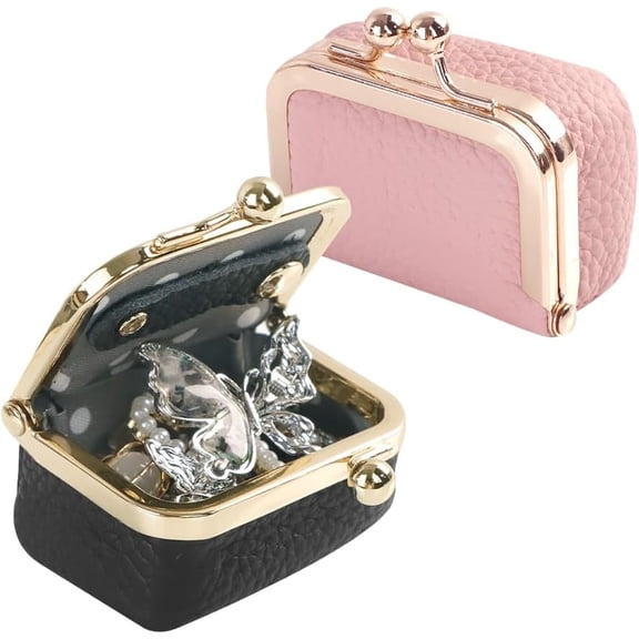 ‎TACYKIBD 2 Pcs Genuine Leather Mini Jewelry Box, Portable Travel Jewelry Case Organizer for Women, Small Coin Purse with Kiss Lock for Earring Rings Necklace Bracelet Earphone Gift(Pink & Black)