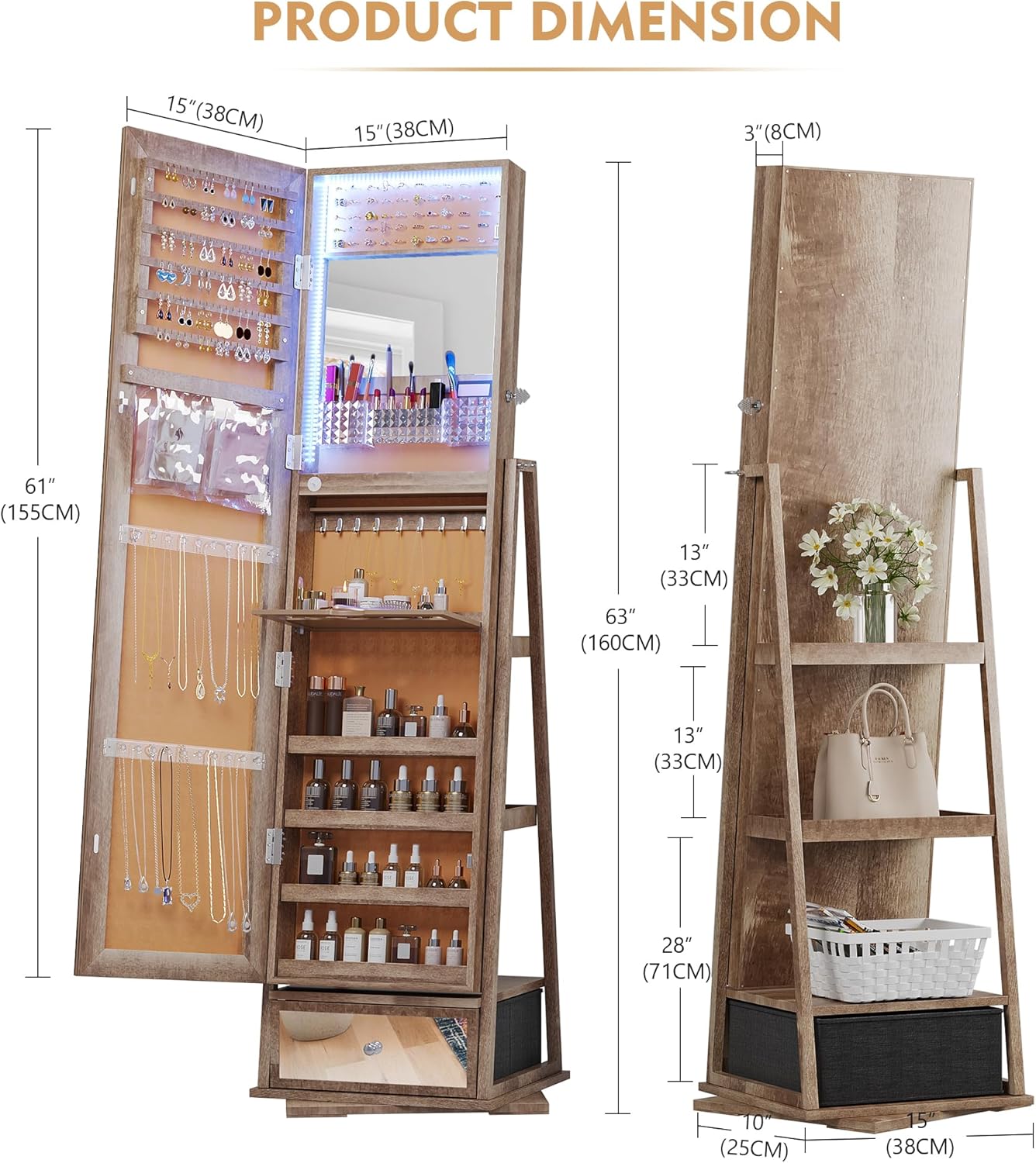 AENKYO 360 Rotating Jewelry Armoire, Lockable Mirror Cabinet with 3-Color Lights - Large Dimmable Organizer Modern Design，Brown