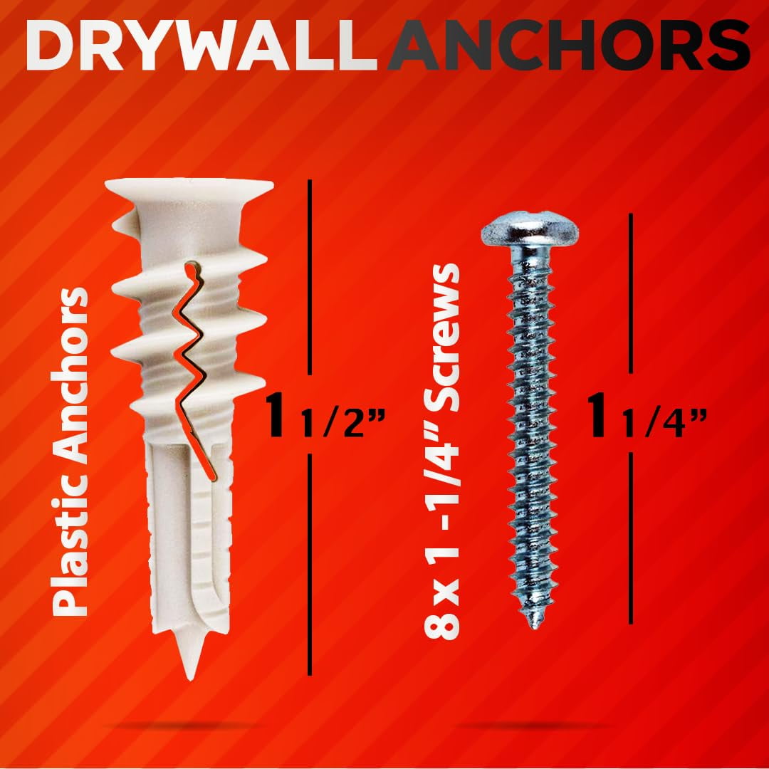 120Pcs #8 Self Drilling Drywall Anchors and Screws kit #8 x 1-1/4”- Superb Wall Anchors for Drywall, Holds Upto 75lbs – No Drill Hole Required with These Dry wall Screws and Anchors