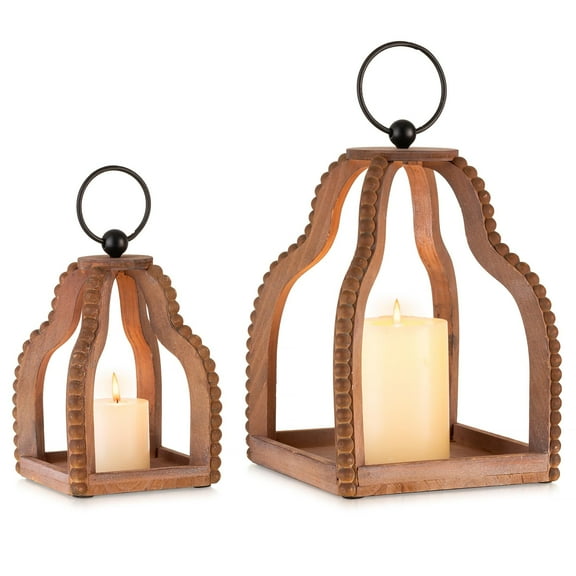 Nuptio Wood Lanterns Decorative Indoor: Farmhouse Hanging Candle Holder Set of 2 Brown Table Centerpiece Fireplace Mantle Shelf Rustic Home Decor Fall Ornaments