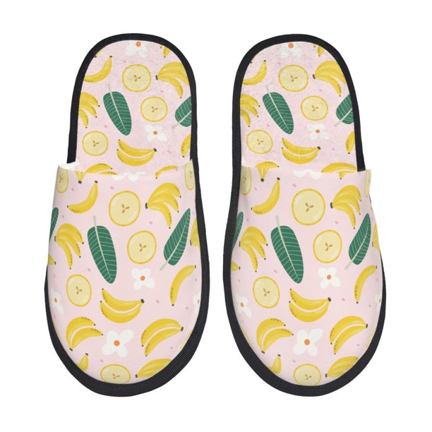 Balery Banana With Leaves Pantuflas de Casa de Felpa Silenciosas con Diseño Estampado, Zapatillas Cómodas Antideslizantes de Algodón para Interior-Large