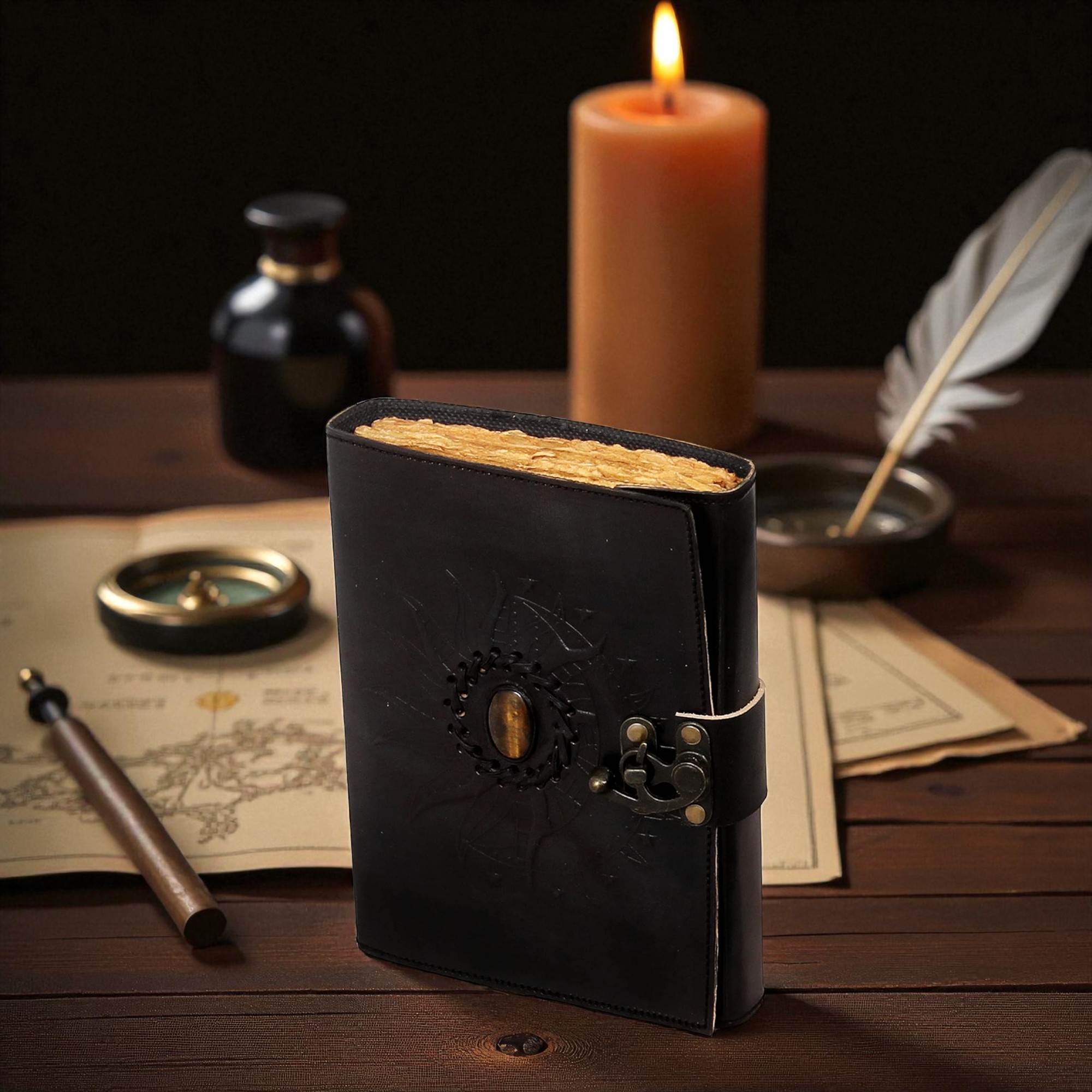 Handmade Black Leather Journal with Sun Embossed Design & Gemstone – 5x7 inch Vintage Notebook, 200 Deckle Edge Pages, Antique Metal Lock