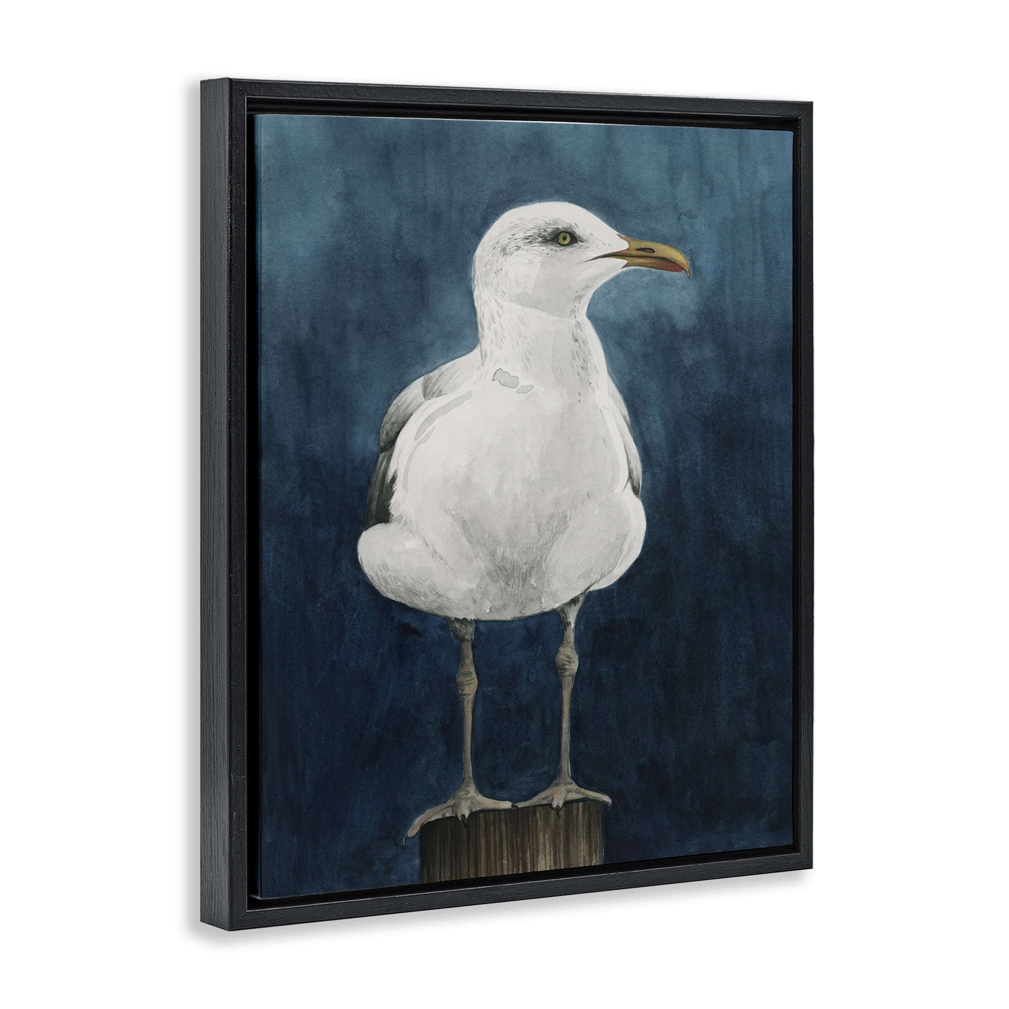 Stupell Industries Seagull Perched over Blue Animals Painting Black Floater Framed Canvas Art Print Wall Art, 17 x 21