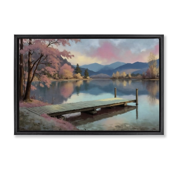 Stupell Industries Contemporary Pink Dock at Sunset Black Floating Frame Canvas Art, 25 x 17, by Creative Studio