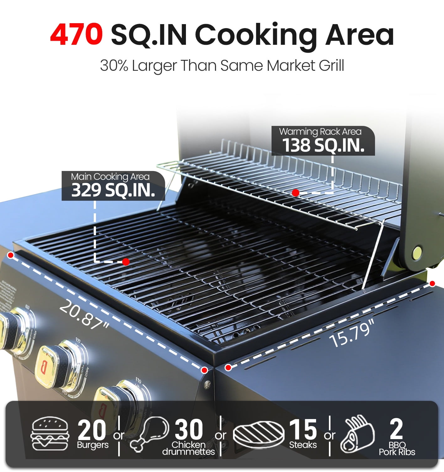 Brand-Man Grills Propane Gas 3 Burner Grill with Side Table for BBQ, Outdoor Cooking Grill with Wheel