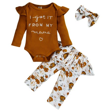 

HESHENG 3Pcs Newborn Baby Girl Long Sleeve Letter Printed Romper Tops Floral Pants Headband Clothes Outfits Set (12-18 Months)