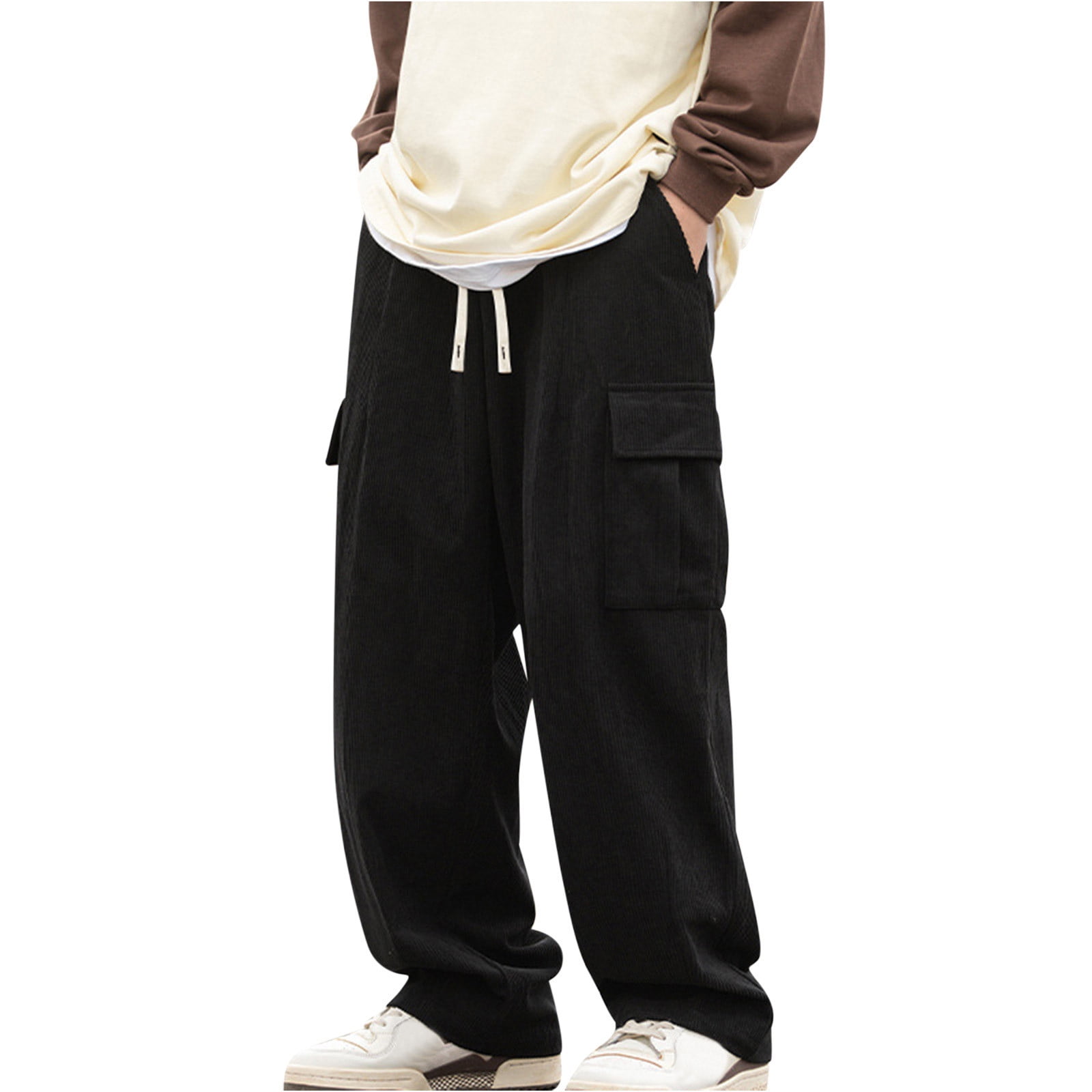 Wyongtao Mens Corduroy Cargo Pants Drawstring Elastic Waist
