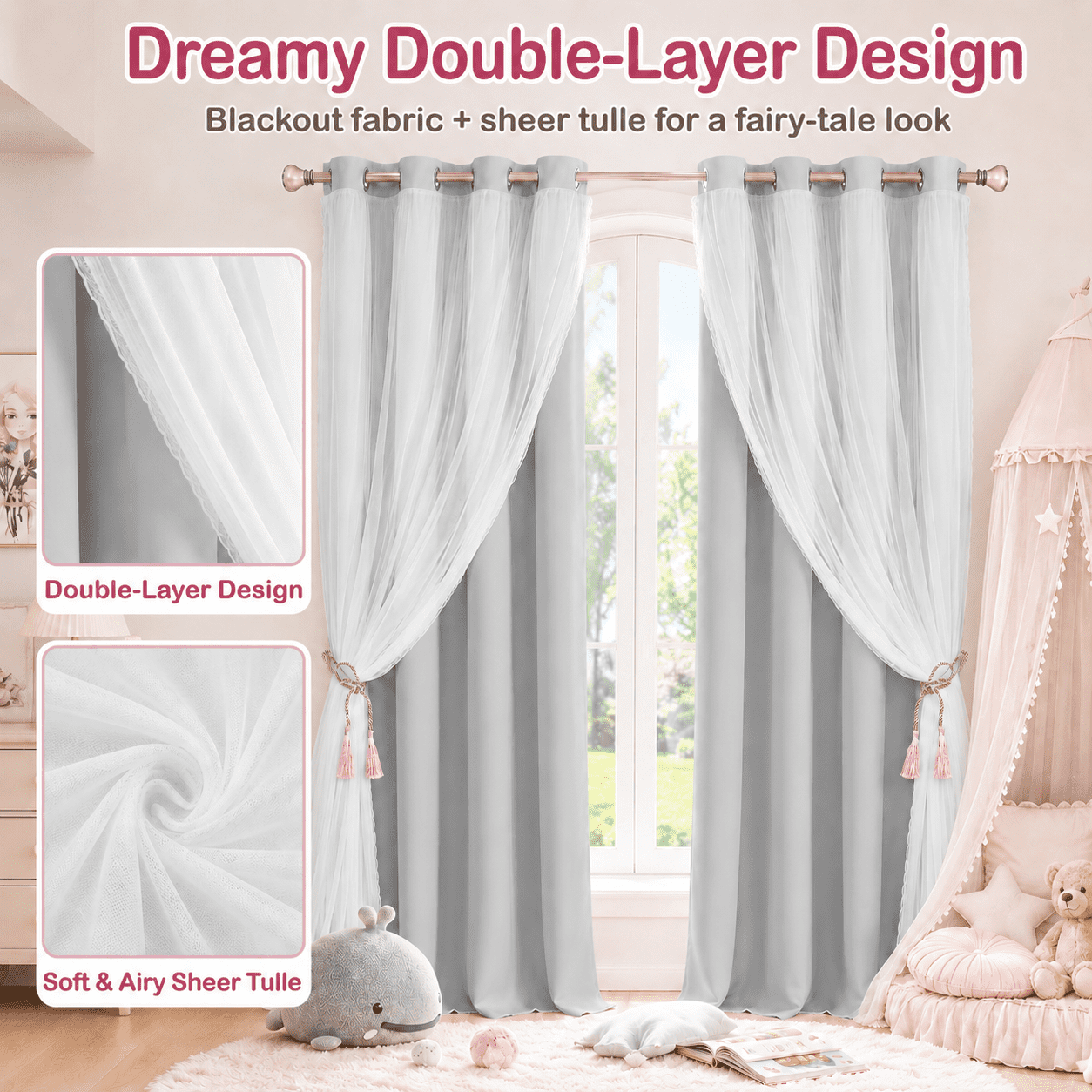 Lapalife Blackout Double Layer Curtains 63inches with Sheer Thermal Insulated Grommet Window Panel for Nursery Bedroom Living Room, 1 Panel