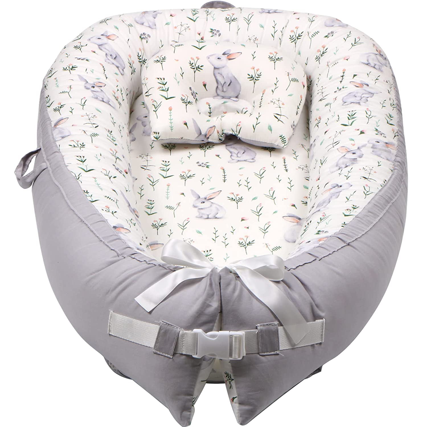 Newborn Lounger 100% Cotton Portable Crib for Bassinet in Bed Grey Baby Lounger Baby Nest Co-Sleeping for Baby with Safety Belt 