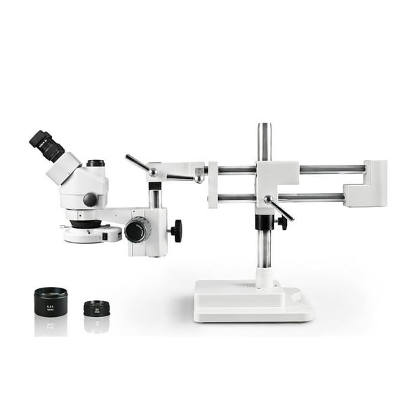 Vision Scientific Trinocular Zoom Stereo Microscope, 10x WF Eyepiece, 0.7x—4.5x Zoom, 3.5x—90x Magnification, 0.5x & 2x Auxiliary Lens, Double Arm Boom Stand, 144-LED Ring Light with Intensity Control