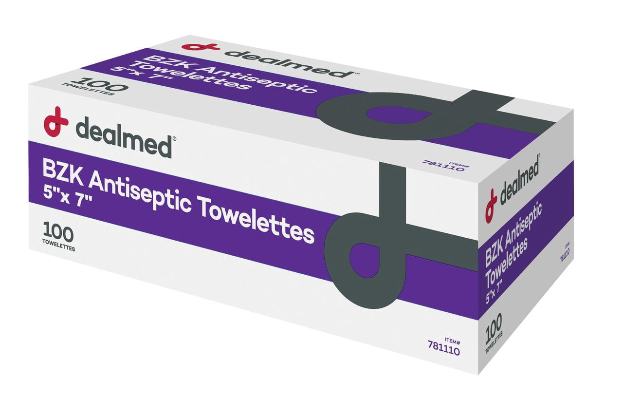 Dealmed BZK Antiseptic Towelette, 5" x 7" Individually Wrapped Alcohol-Free Wipes, 100 Count (Pack of 10)
