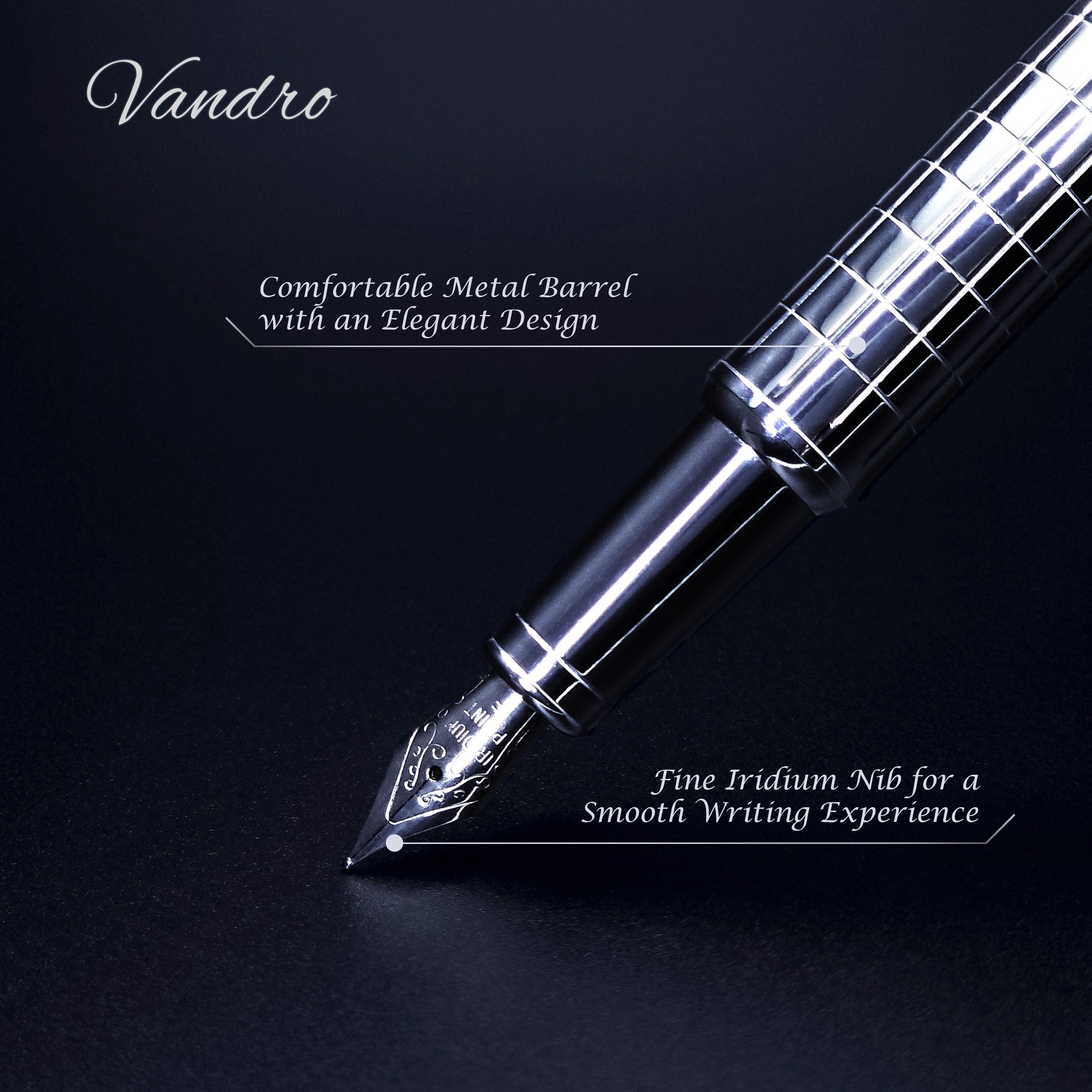 Vandro Complete Luxury Fountain Pen Set - Comfortable Grip with Smooth Fine Nib - Includes 10 Pack Ink Cartridges, Black Ink Bottle, Ink Refill Converter & Gift Box - Sky Silver