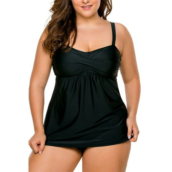 GEWSEY Women's Ribbed Ruched Two Piece Tankini Bathing Suits Tummy Control Swim Top with Bottom Swimsuits Black, L