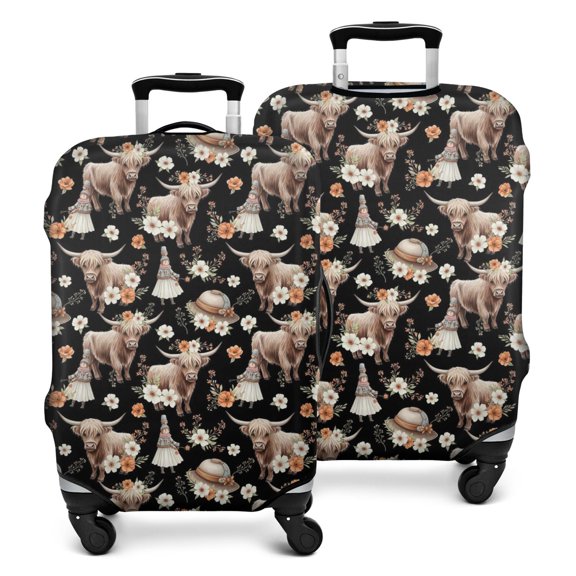 Black Highland Cow Flower Gnome Pattern Luggage Cover Fashion Suitcase Cover Baggage Covers Fit 25-28 Inch Luggage (Go Travel)
