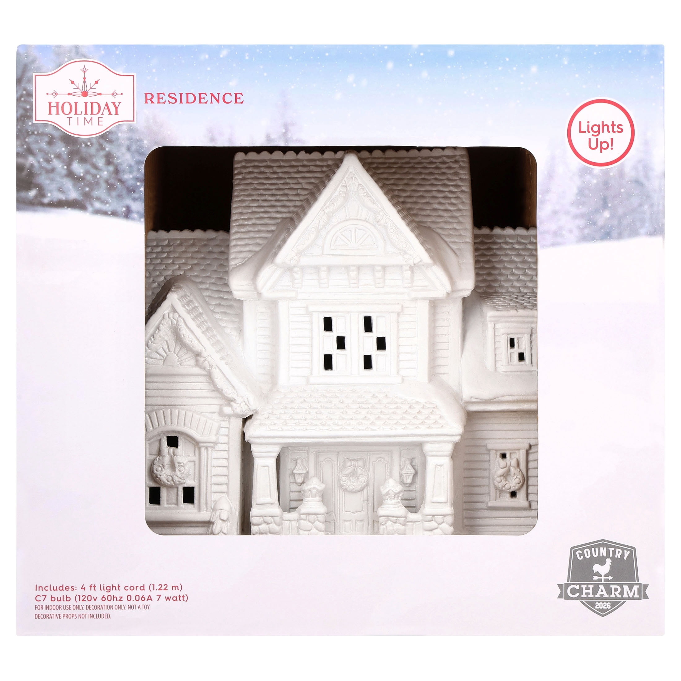 Light-Up Porcelain Country Charm Residence Christmas Village Building, White, 8", by Holiday Time