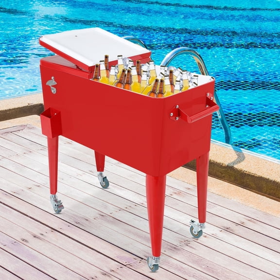 XF XINFENG 80 Quart Rolling Ice Chest on Wheels Outdoor Indoor Bottle Opener&Cap Catcher, Portable Patio Party Bar Drink Cooler Cart with Shelf, Red