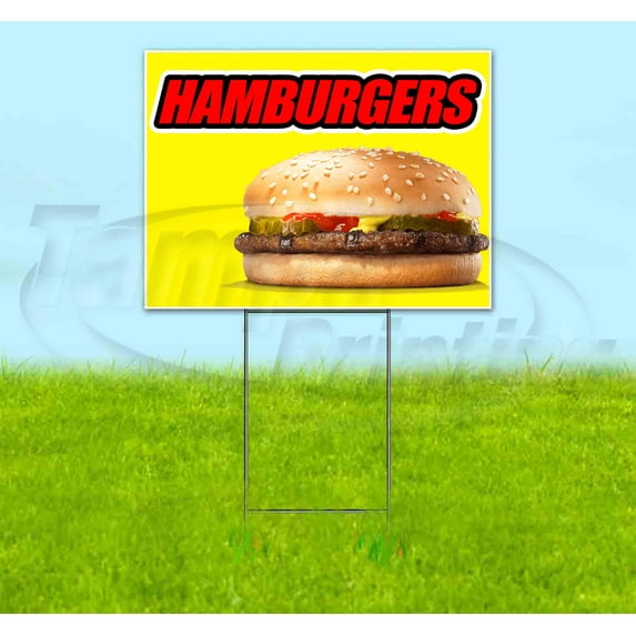 Hamburgers Yellow Background (18" x 24") Yard Sign, Includes Metal Step Stake
