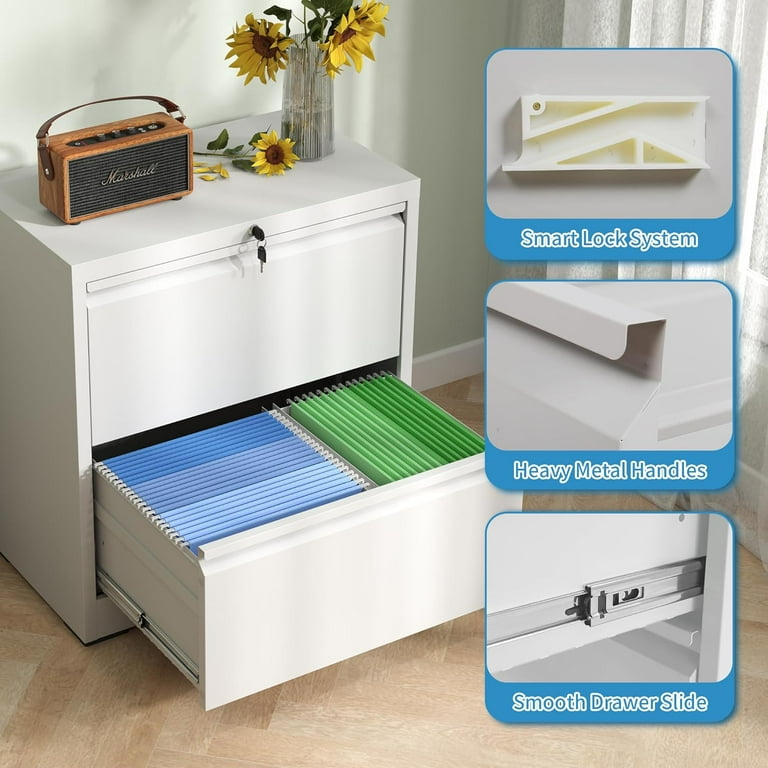 2-Drawer Lateral Metal File Cabinet - Lockable, A4/Letter/Legal Size, White, Assembly Required 1 thumbnail image