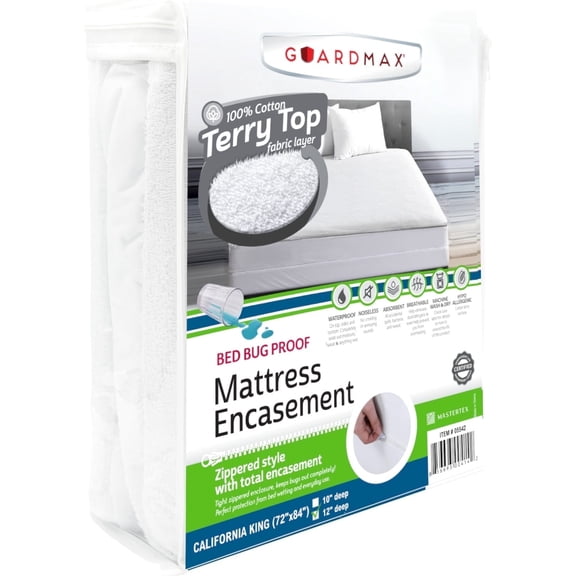 Guardmax Terry Cotton California King Zippered Mattress Encasement - Waterproof & Bed Bug Proof Mattress Protector - Comfortable, Soft, and Noiseless Zippered Bedding - Dust Mite Proof (72 x 84 x 12)