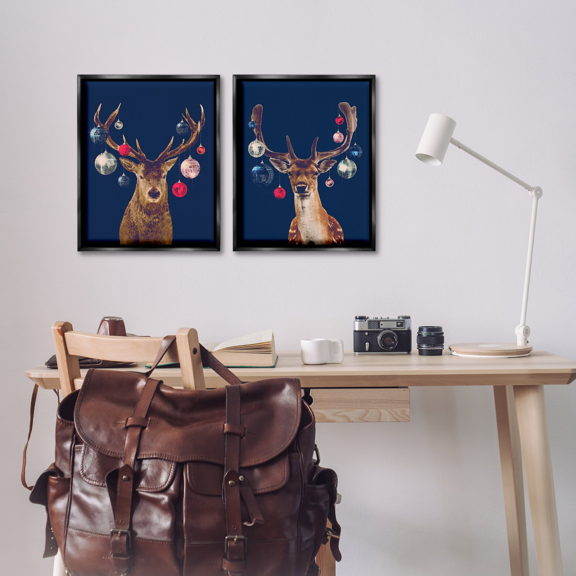Stupell Industries Navy Brown Disco Deer Holiday Painting Black Floater Framed Canvas Art Print Wall Art, 17 x 21, Set of 2