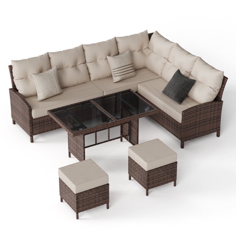 AMOPATIO 7-Piece Patio Furniture Set, Outdoor Sectional Sofa with Dining Table, All Weather Rattan Conversation Set with Ottoman, Khaki