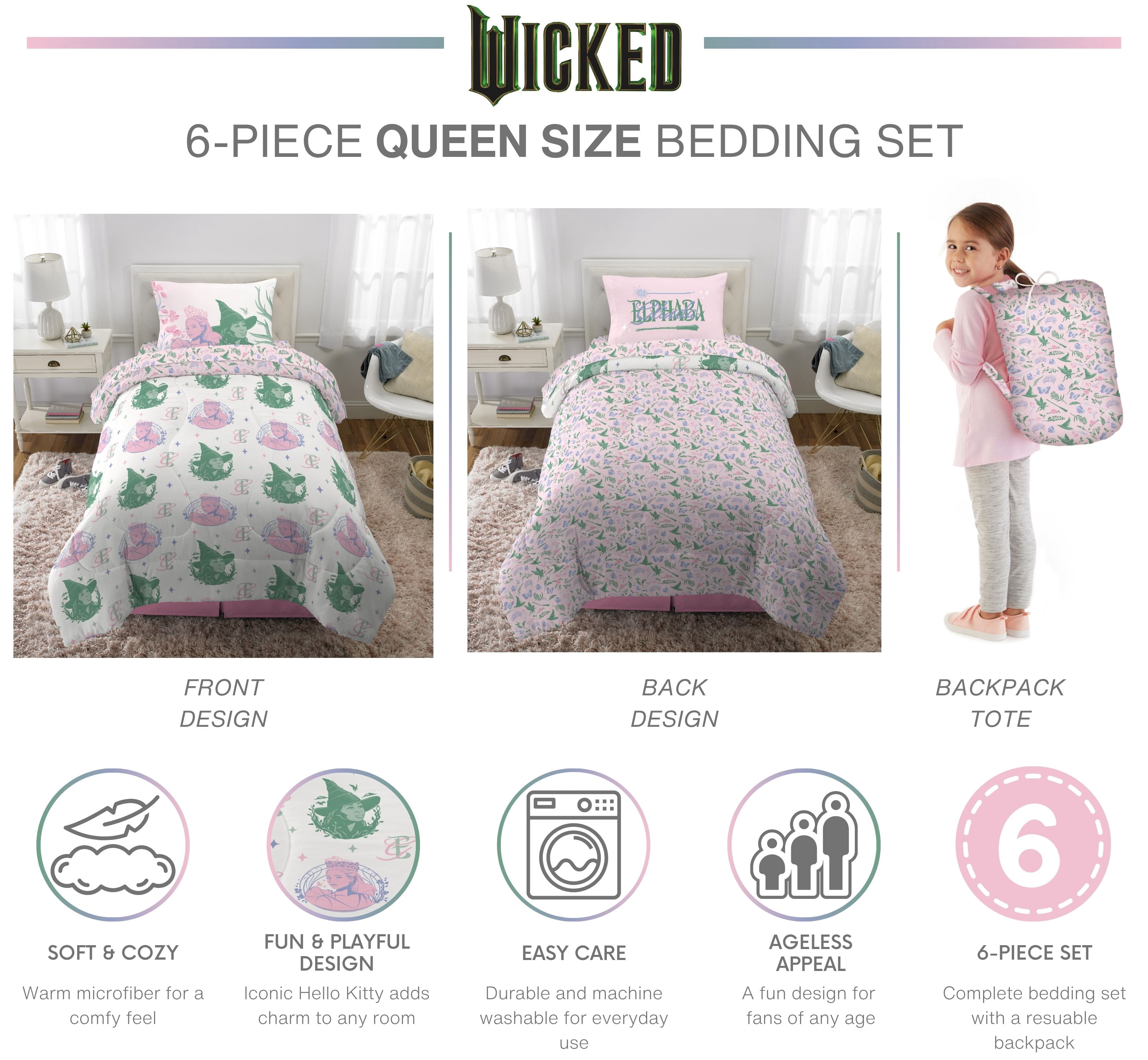 Wicked Kids Pink and Green 6 Piece Reversible Comforter, Bed in a Bag, Queen