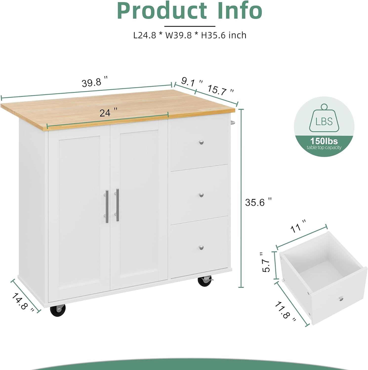 Sobaniilo Rolling Kitchen Island Cart with Folding Drop Leaf Breakfast Bar, Portable Trolley Island with Large Storage Cabinet, Shelf and Drawer, White