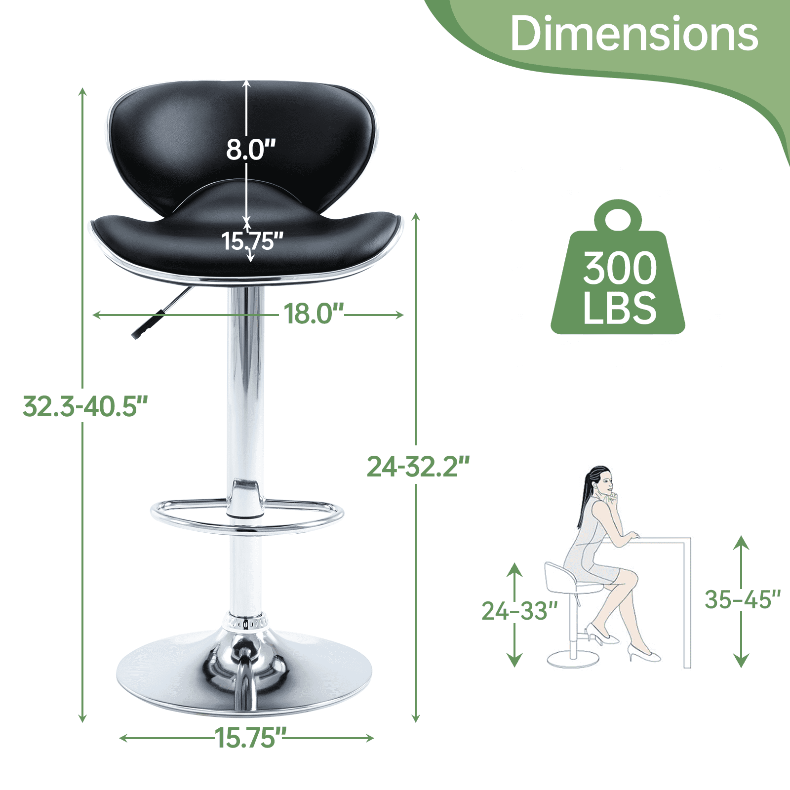 Bar Stools Set of 2, Adjustable Swivel Barstools, Modern PU Leather Counter Height Stools with Back and Footrest for Island, Dining, Bistro, Pub (Black/Silver Base)