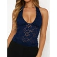 thumbnail image 2 of Womens Halter Neck Sleeveless Going Out Y2K Trendy Lace Cropped Tank Tops Navy Blue L, 2 of 5