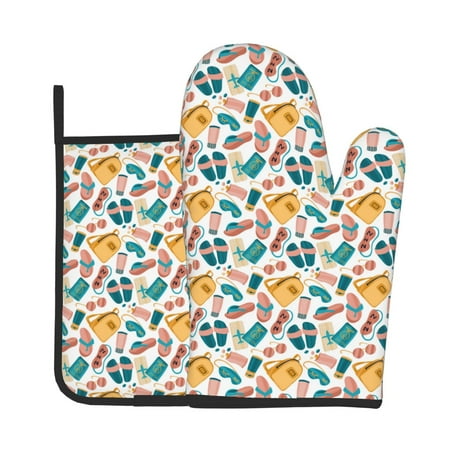 

Xecao Travel Elements Pattern Oven Mitts and Pot Holders Sets Heat Resistant Silicone Oven Mittens Extra Thicken Long Kitchen Cotton Oven Glove for Cooking