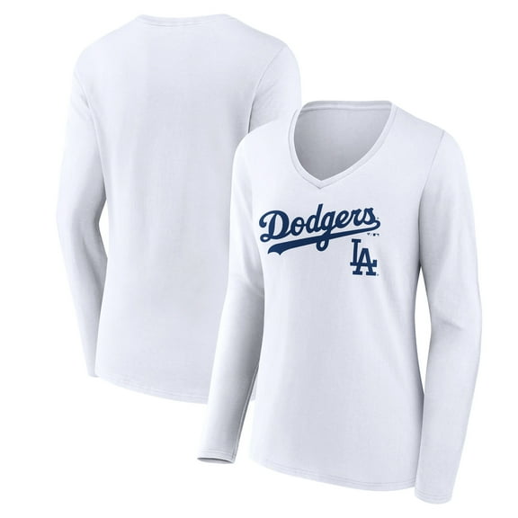 Women's White Los Angeles Dodgers Team Lockup Long Sleeve V-Neck T-Shirt