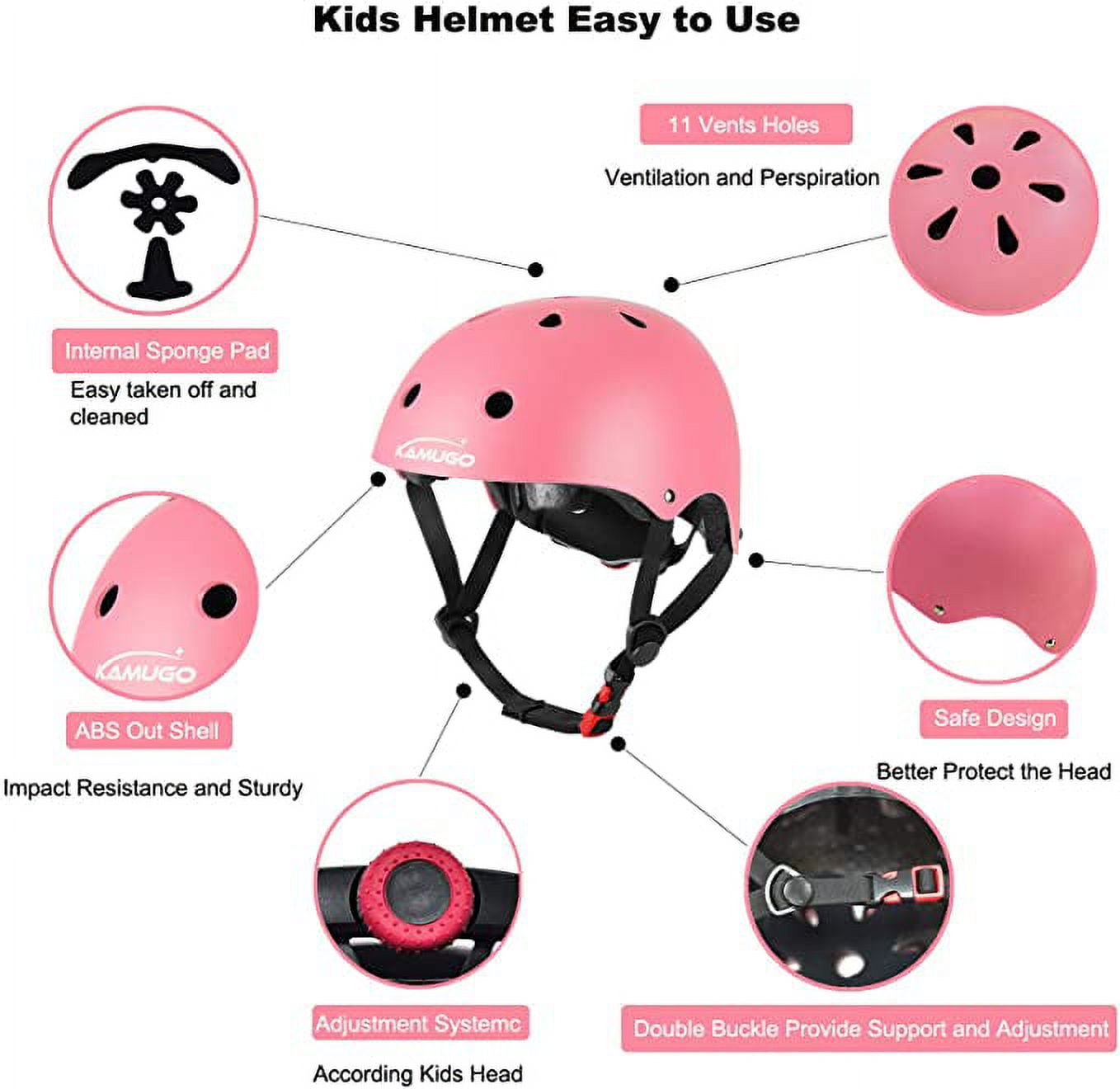 KAMUGO Kids Bike Helmet and Knee Pads 7Pcs ,Helmets for Kids Adjustable for 2~8 Years Girl , Pink
