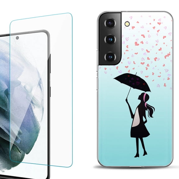 Slim-Fit Fashion Gel Phone Case for Samsung Galaxy S22  5G / S22 Plus 5G, with Tempered Glass Screen Protector, by OneToughShield ® - Rain/Hearts