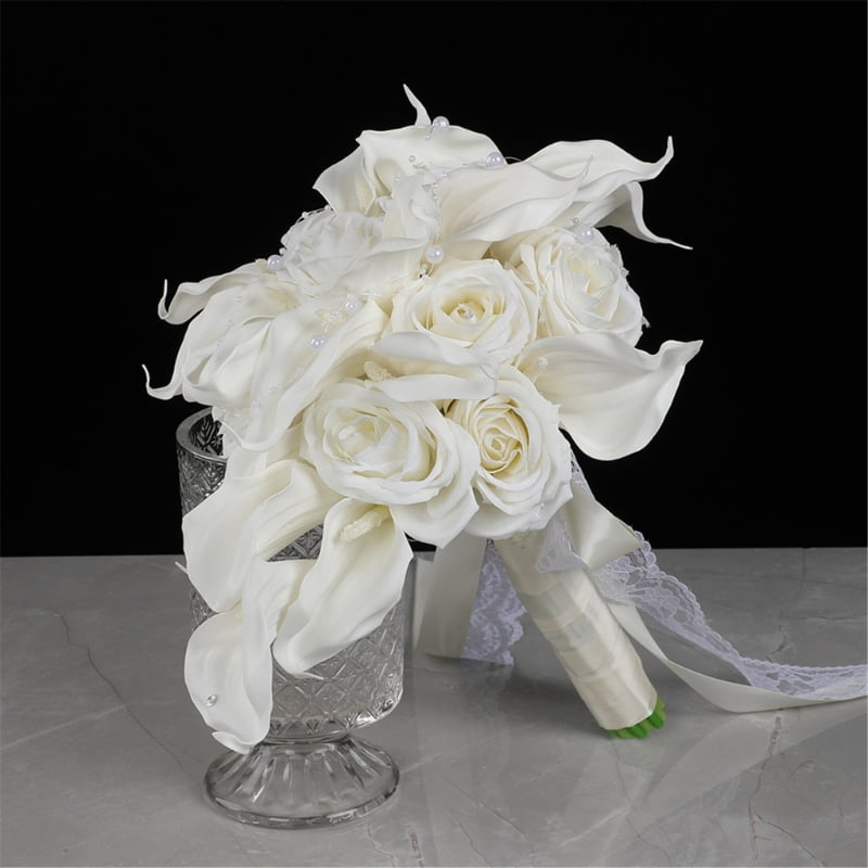 Elegant White Artificial Flower Bouquets For Bridal Party Decorations Gift Silk Calla Lilies Rose Bridal Accessory