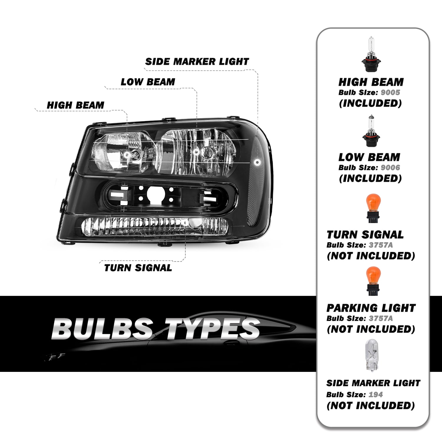 For 2002-2009 Chevy Trailblazer Black Housing Halogen Headlights Headlamps Pairs