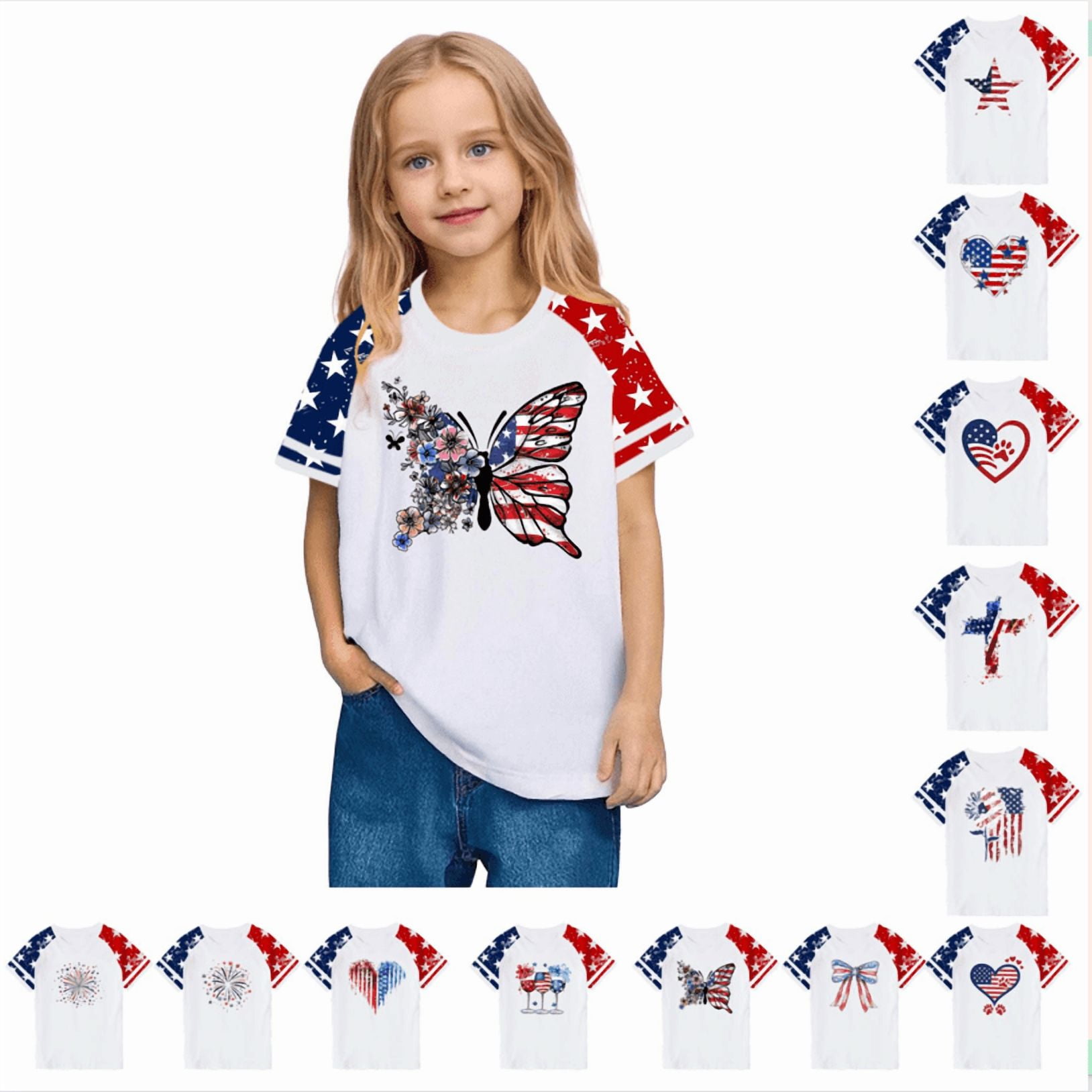 MKOSPLRT Kids 4th of July Raglan Shirts 3-14 Years Short Sleeve Crew Neck Red White and Blue Tshirts Casual Holiday Graphic Tees