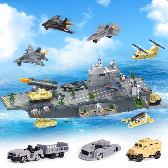 Chuvikid Aircraft Carrier Toy Playset,Fighter Jets,Truck,Missiles,Toys Gifts for Kids Ages 3-8 Years Old