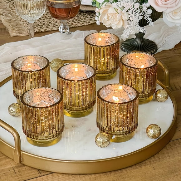 Set de portavelas Kate Aspen vintage de cristal dorado estriado