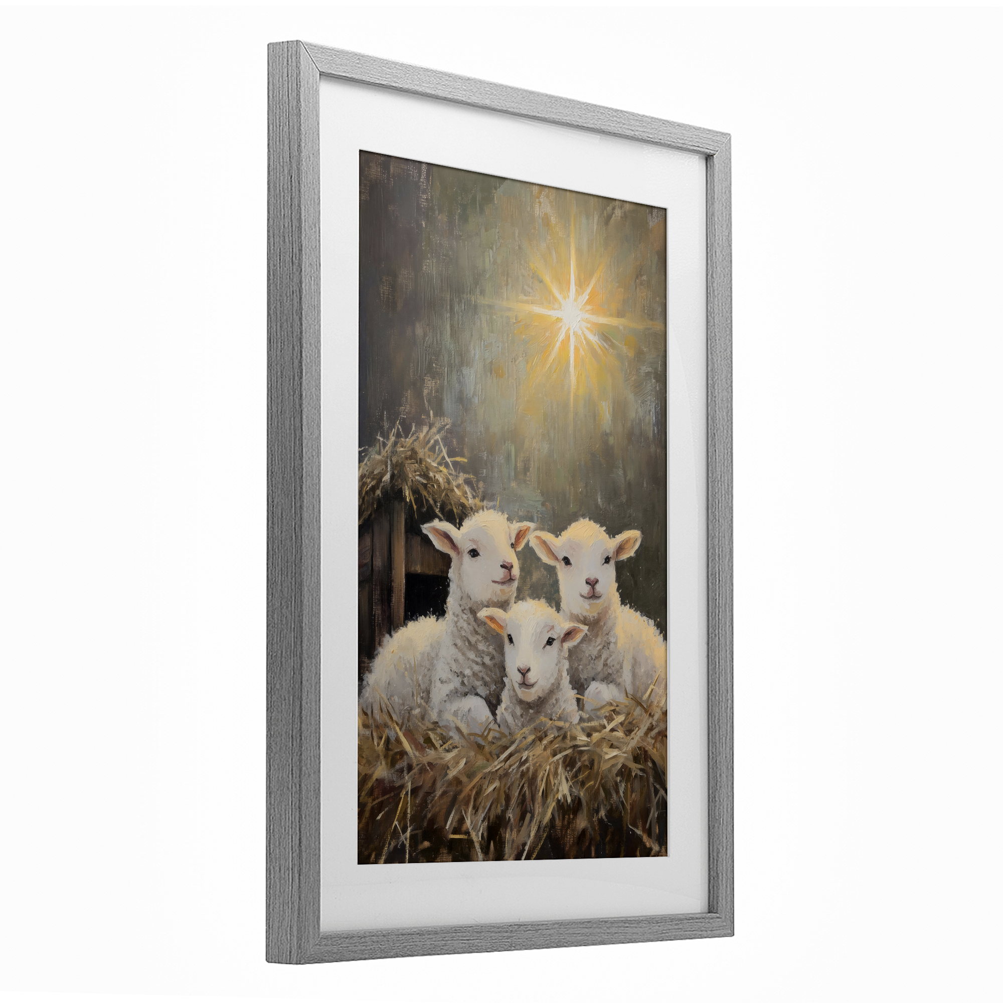 Festive Lambs in Stable Gray Framed Print Under Glass, design by Petal Prints Design