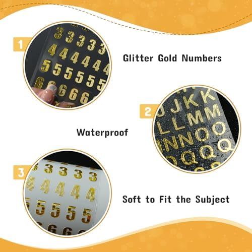 Aixoom 10 Sheets Gold Letter and Number Stickers Small Glitter Gold Alphabet Number Stickers Self Adhesive for Graduation Cap Decoration Gift Scrapbooks Greeting Cards Arts Craft