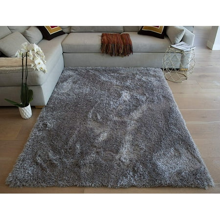 Grey Fuzzy Rug LA Romance Shag Plush Furry Fuzzy Pile Large Big Shaggy Modern Soft Furry 5-Feet-by-7-Feet Polyester Made Area Rug Carpet Rug Gray Grey Color ()