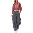 thumbnail image 2 of INSPIRE CHIC Women's Button-Front Point Collar Mesh Sheer Long Sleeve Shirt Tops L Burgundy, 2 of 6