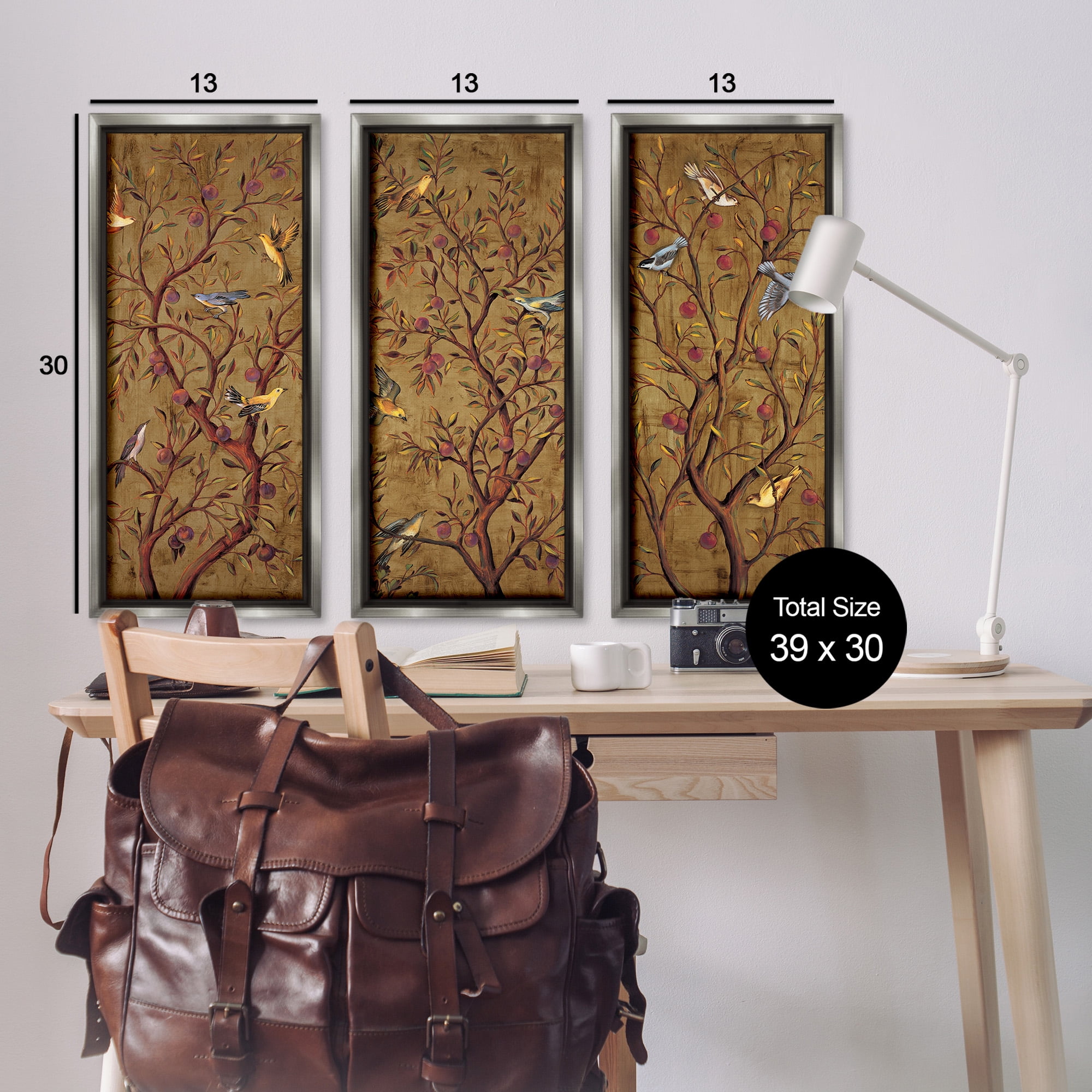 Stupell Industries Regal Plum Tree with Perched Birds Animals & Insects Painting Gray Floater Framed Canvas Art Print Wall Art, 15 x 31, Set of 3