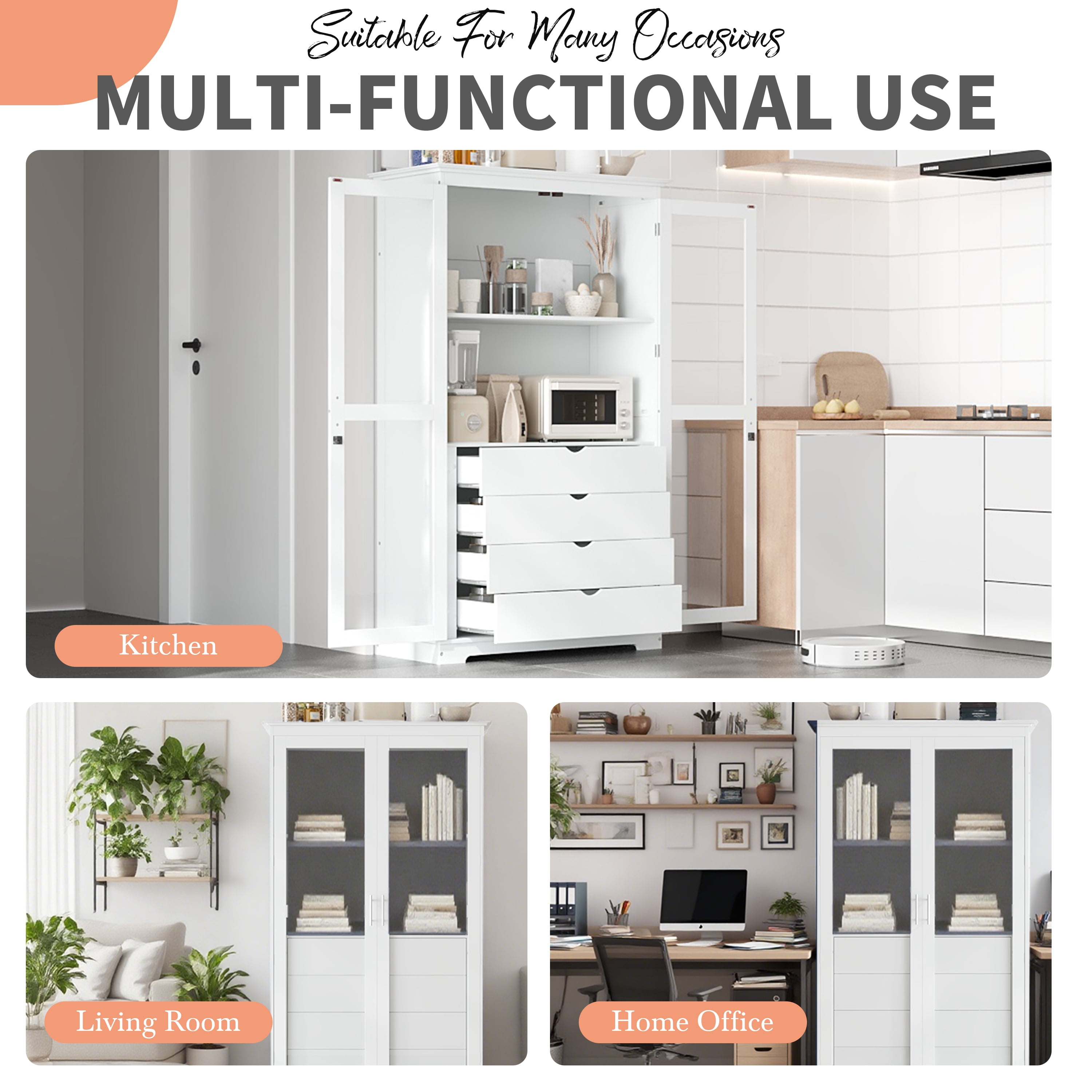 Harper & Bright Designs Farmhouse Kitchen Pantry Cabinet with Microwave Shelf, Tall Kitchen Storage Cabinet with Glass Door, Freestanding Hutch with 4 Built-in Drawers, 75", White