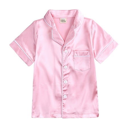 

Toddler Silk Satin Pajamas for Boys Girls 2 Piece Button-Down Short Sleeve Sleepwear Ice Silk 2 Piece Silk Satin Pajamas for 9M-12Y