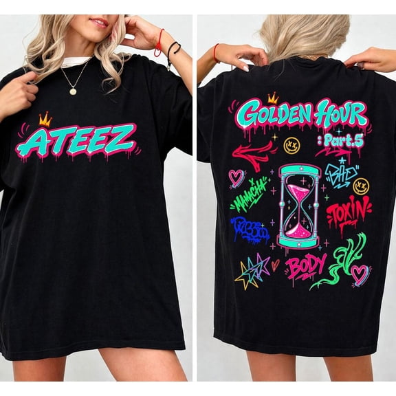 2 Sided Retro Ateez Golden Hour Part 5 Graphics T-Shirt, Vintage Music Theme Casual Tee