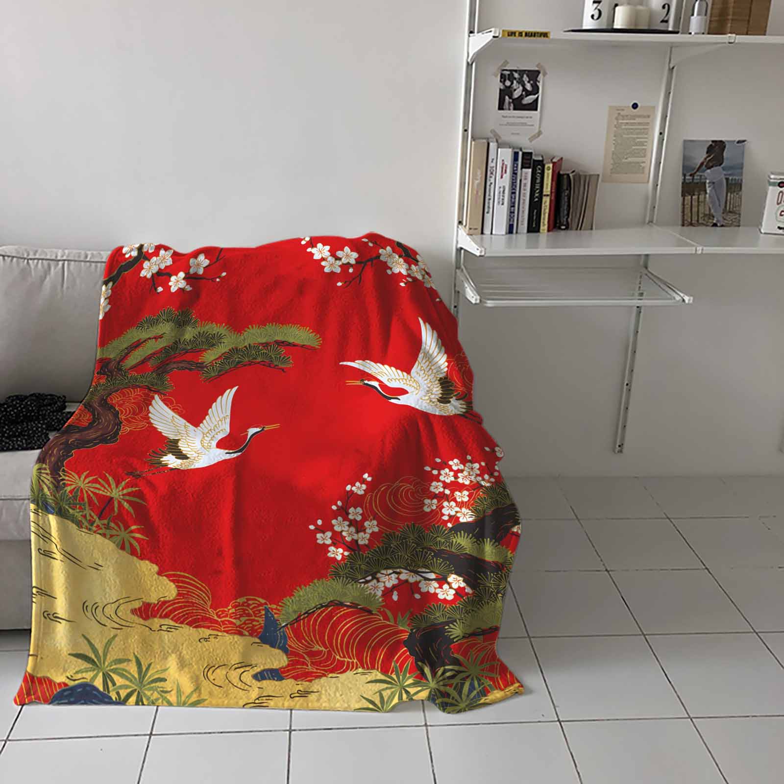 Throw Blanket Fleece Throw Blanket 50x60in, Retro Crane Pine Flower on Red Soft Lightweight Bed Blankets Asian Chinese Pastoral Scenic Fuzzy Couch Blankets for All Season