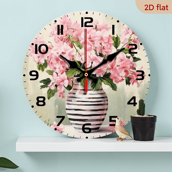 22D Flat, 1pc 10 Inch Round Wooden Wall Clock with Floral Vase Design - Silent Non-Ticking Movement, Battery Operated (AA Not Included) - Perfect for Living Room, Bedroom, Office, Kitchen Decor