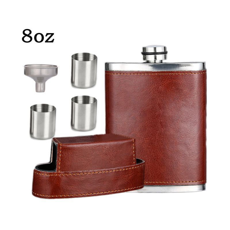 US Stock Men 8oz Brown Leather Covered Hip Flask With Caps Stainless Steel Flask 