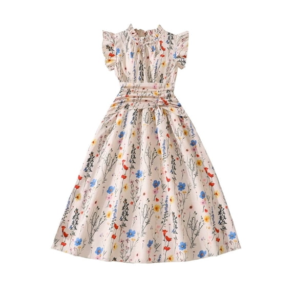 CAIVO Big Girls Elegant Dress Children Floral Print A-Line Stand Collar Ruffle Sleeve Summer Kids Knee Length Adorable Dresses For Party Wear